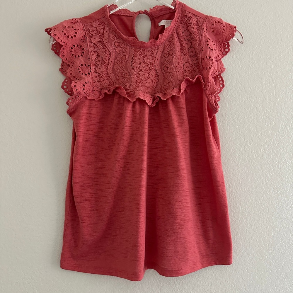 LC Lauren Conrad Top Women S Pink Lace Eyelet Yoke Ruffle Cap Sleeve Mock Neck